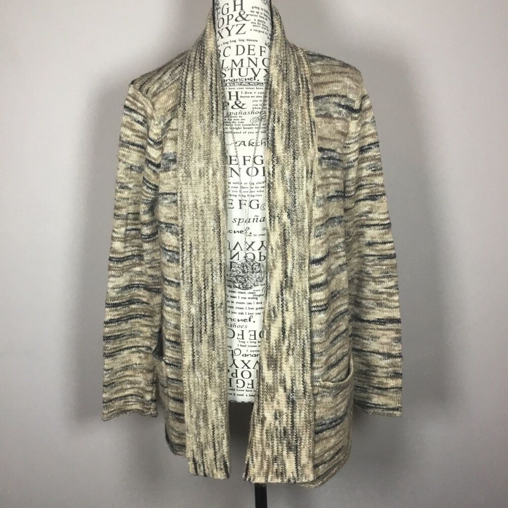 Brown tan black knitted cardigan open front earthy tones comfortable winter M